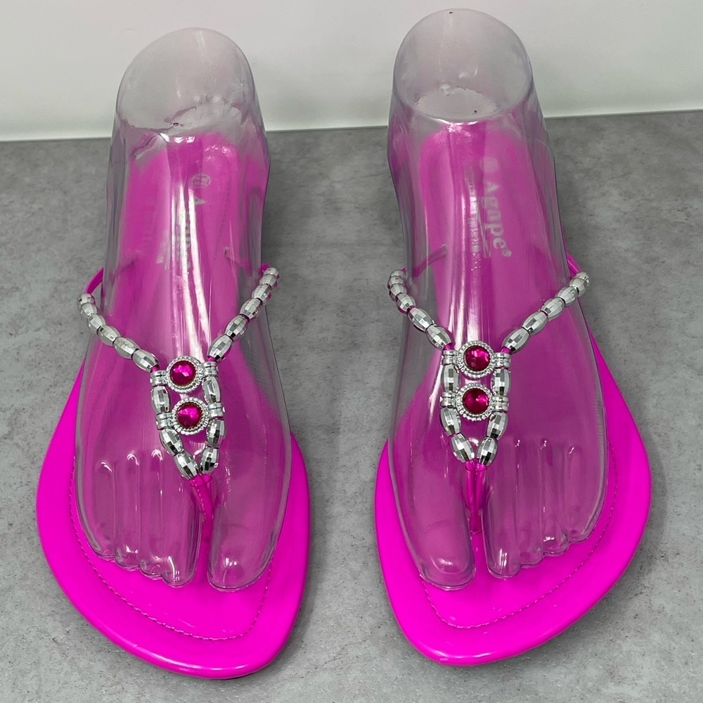 Agape Collection Women's Bright Pink Thong Sandals Bead/Rhinestone Accents 7.5